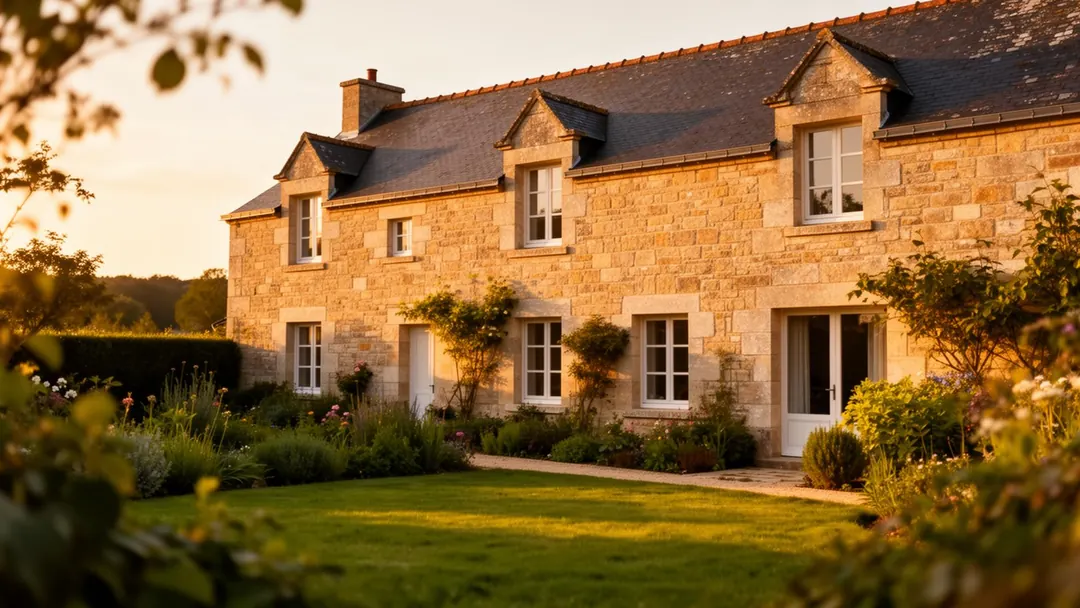 A Breton stone house and its garden in the evening light